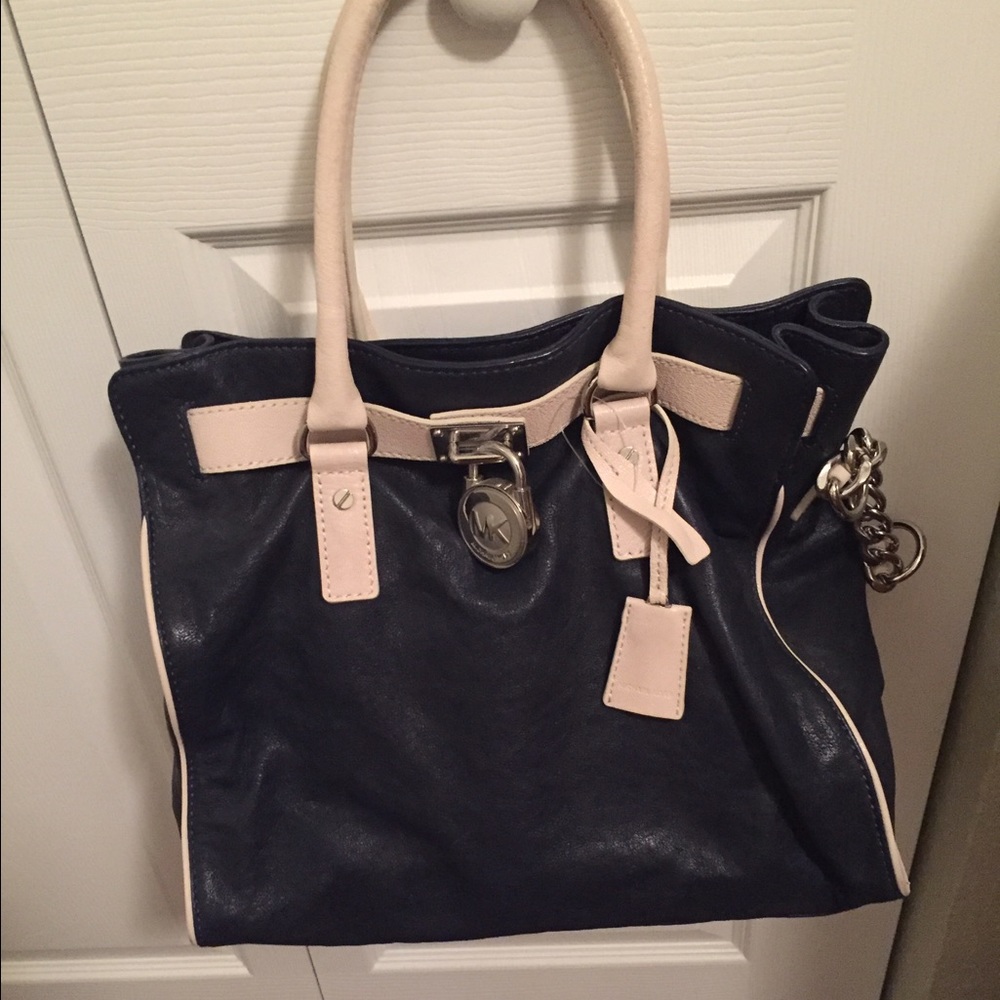 Michael Kors Hamilton Large Leather Tote Navy Cream Silver Lock Shoulder Bag